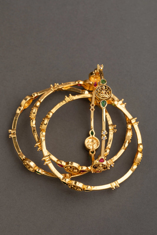 Laxmi Temple Gold Finish Bangles Set (4 Pc) Non-Openable Size 2.4 Multi-Color