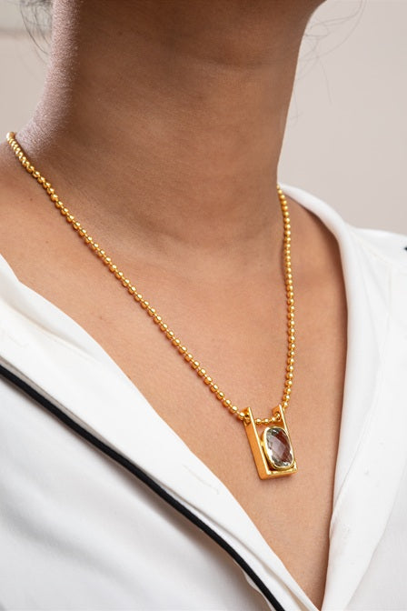 Brass Necklace with Aventurine Blue Stone Gold Polish Finish Adjustable 16 Inches