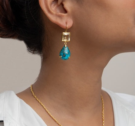 Brass Necklace with Turquoise Stone Gold Polish Finish Adjustable 2 Inches