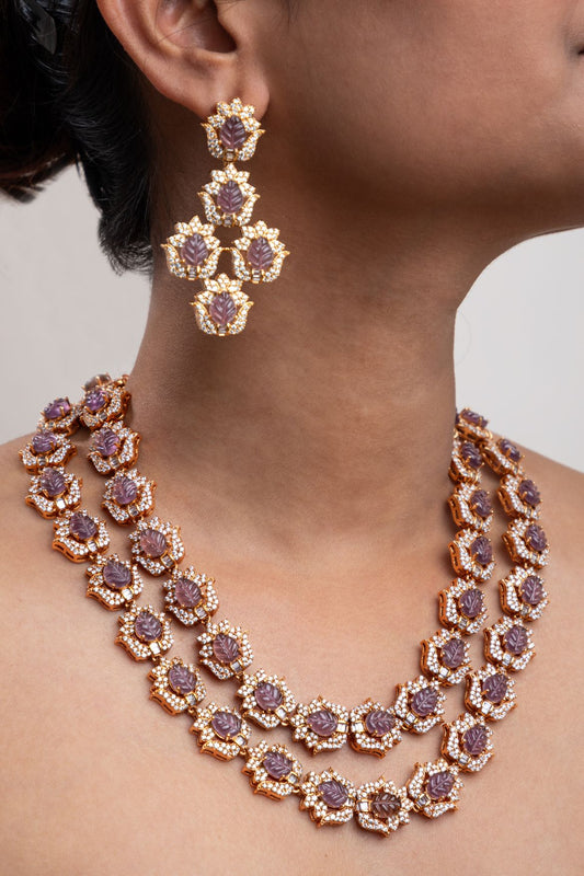 Indo-Western Long Necklace with Purple Stone Matt Gold Polish 16-Inch Adjustable Chain