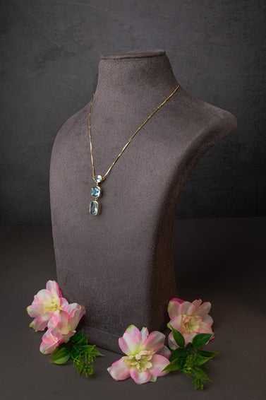 Brass Necklace with Blue Topaz Stone Gold Polish Finish Adjustable 18 Inches