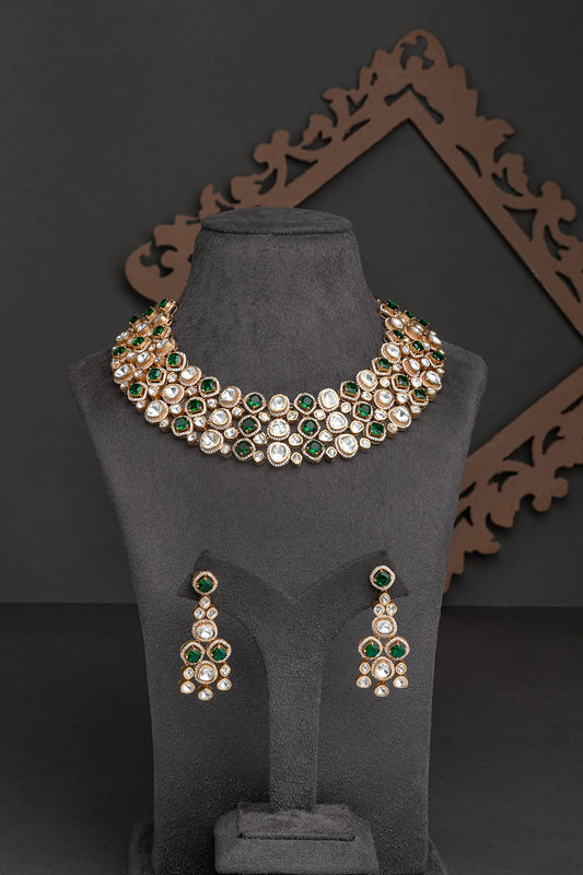 Uncut Polki Jewellery with Emerald Green Stones Matt Gold Polish Adjustable Links Luxury Traditional Jewellery