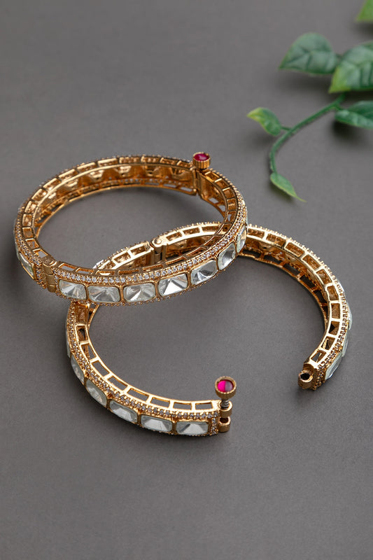 Jadau Rectangular Kundan Polki Bangles with Cubic Zirconia Gold Polish Openable Size 2.2