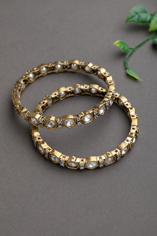 Jadau Polki Kundan Stackable Bangles with Cubic Zirconia Victorian Gold Polish Size 2.4