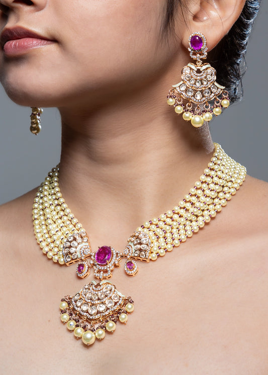 Uncut Kundan Pendant Strung in Pearl  Gold Polish  17-Inch Adjustable Thread  Traditional Jewellery