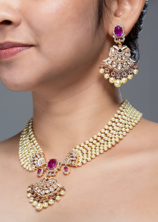 Uncut Kundan Pendant Strung in Pearl  Gold Polish  17-Inch Adjustable Thread  Traditional Jewellery