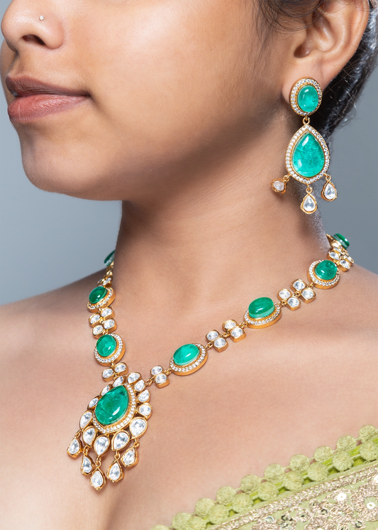 Green Doublet Stone Necklace Set in CZ and Polki Kundan  Matt Gold Polish  15-Inch Adjustable Links