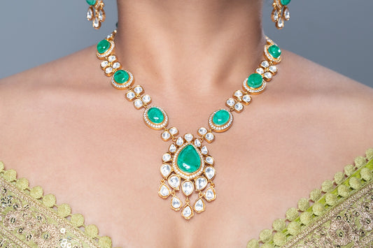 Green Doublet Stone Necklace Set in CZ and Polki Kundan Matt Gold Polish 15-Inch Adjustable Links