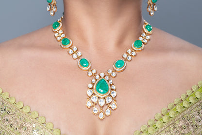Green Doublet Stone Necklace Set in CZ and Polki Kundan  Matt Gold Polish  15-Inch Adjustable Links