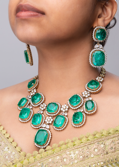 Green Doublet Stone Necklace Set in CZ and Polki Kundan  Victorian Gold Polish  16-Inch Adjustable Links