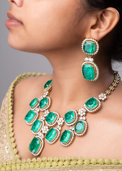 Green Doublet Stone Necklace Set in CZ and Polki Kundan  Victorian Gold Polish  16-Inch Adjustable Links