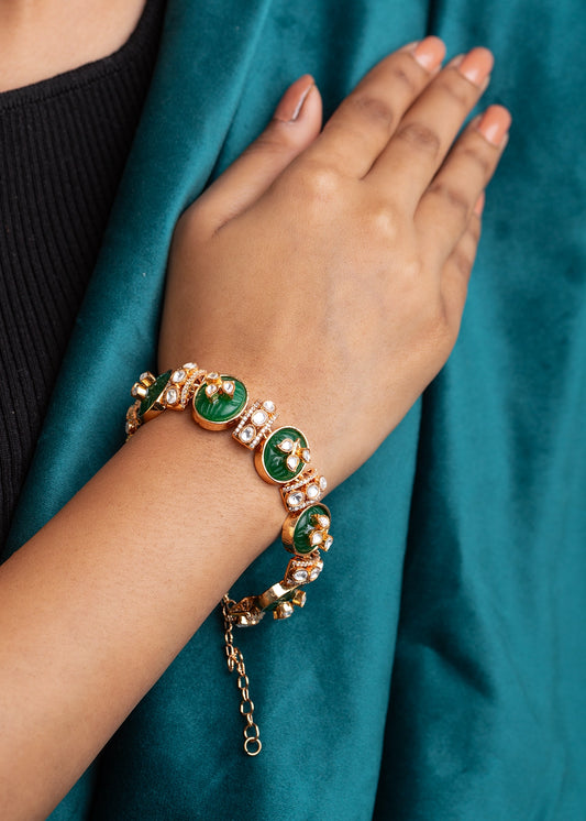 Polki Kundan Bracelet in Carved Green Stone with Cubic Zirconia Accents Gold Polish 7-Inch Elegant Jewellery