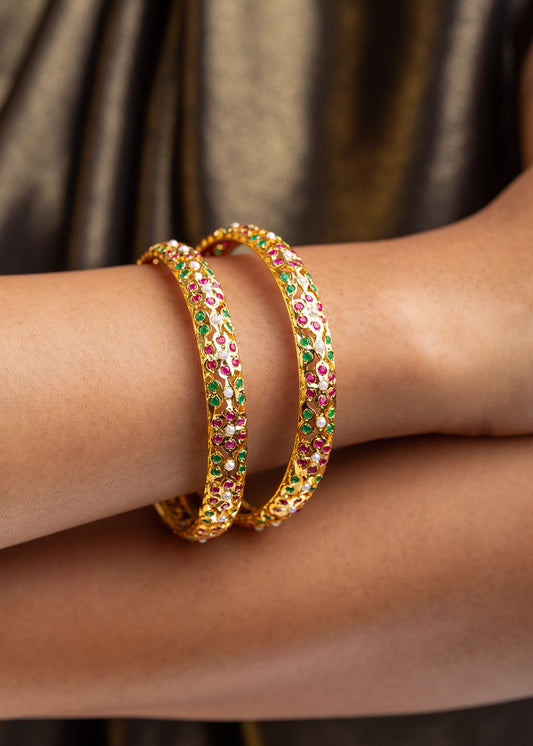 Amritsari Bangles Set (2 Pc) with Flowery Perforated Design Gold Polish Non-Openable Sizes 2.4/2.6/2.8