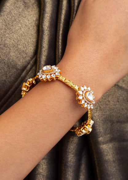 Polki Kundan Single Bangle with Flowered Kundan Motif Matt Gold Finish Non-Openable Size 2.4