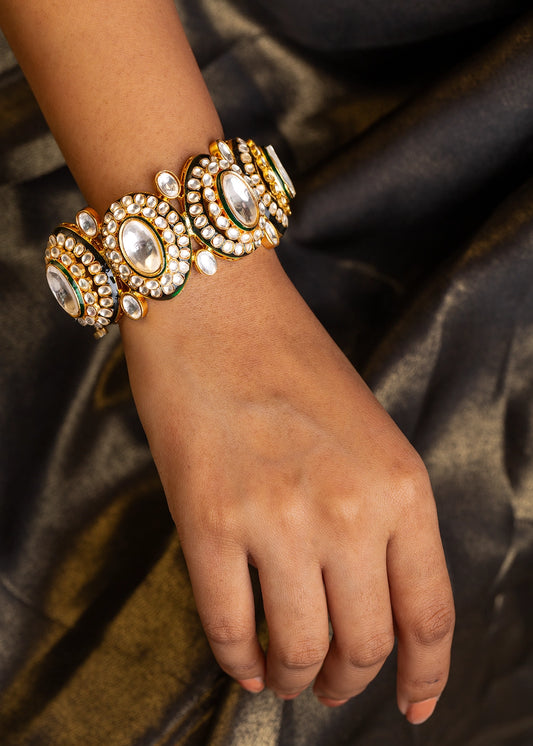Contemporary Kundan Single Kada with Green Enamel Gold Polish Openable Size 2.4