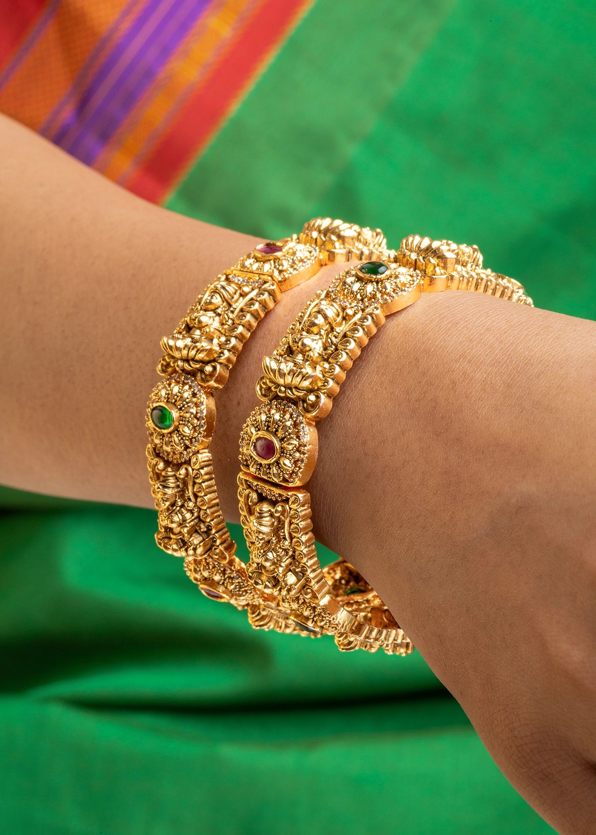 Temple Laxmi Bangles Set (2 Pc) with Red & Green Stones Temple Gold Finish Openable Size 2.4