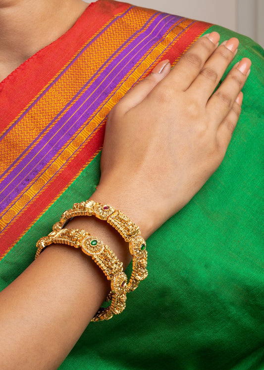 Temple Laxmi Bangles Set (2 Pc) with Red & Green Stones  Temple Gold Finish  Openable  Size 2.4