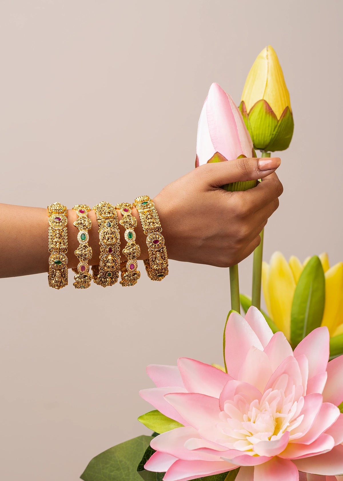 Temple Laxmi Bangles Set (2 Pc) with Red & Green Stones  Temple Gold Finish  Openable  Size 2.4