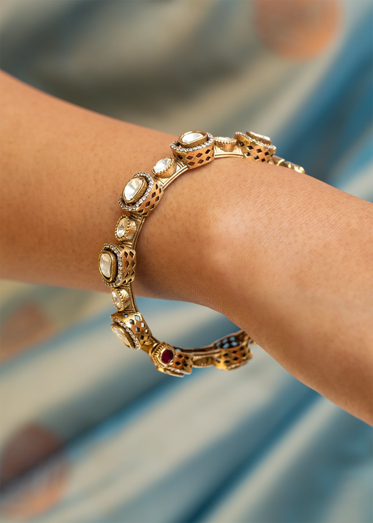 Contemporary Unshaped Kundan Bangle with Cubic Zirconia Border Matt Gold Finish Openable Size 2.6
