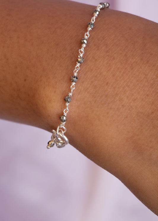 Pyrite Beads Bracelet Knotted in Silver Wire 7-Inch Adjustable Jewellery Handcrafted Elegant Bracelet