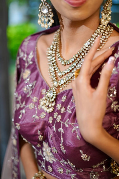 Kundan Beaded Necklace with White Stone Carvings  Victorian Gold Polish  24-Inch Adjustable Thread