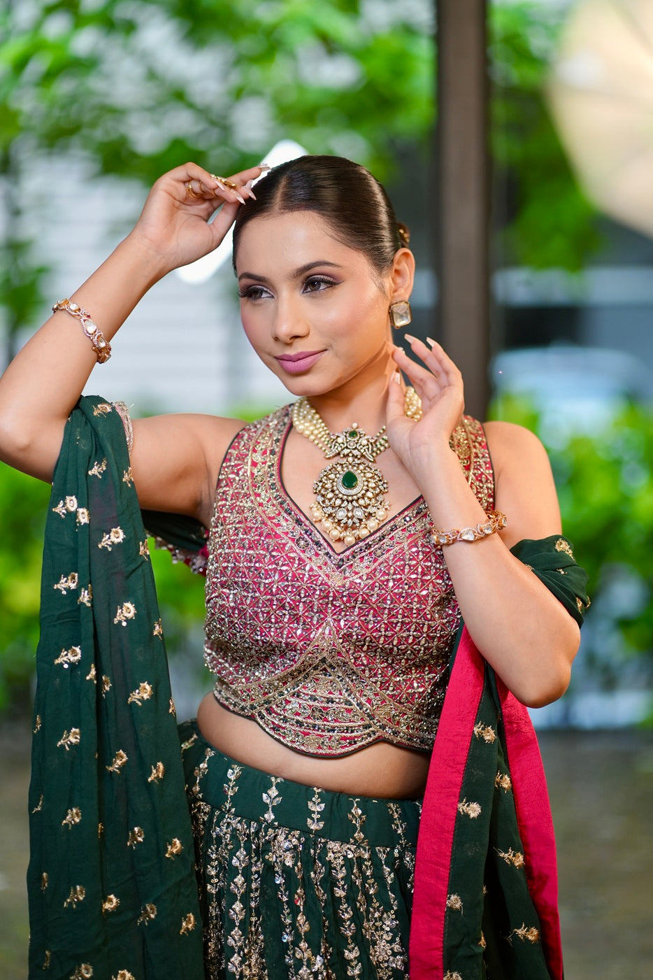 Indo-Western Long Necklace with Green Stone Victorian Gold Polish 24-Inch Adjustable Thread
