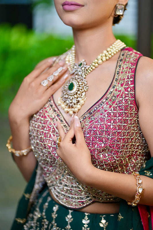 Indo-Western Long Necklace with Green Stone  Victorian Gold Polish  24-Inch Adjustable Thread