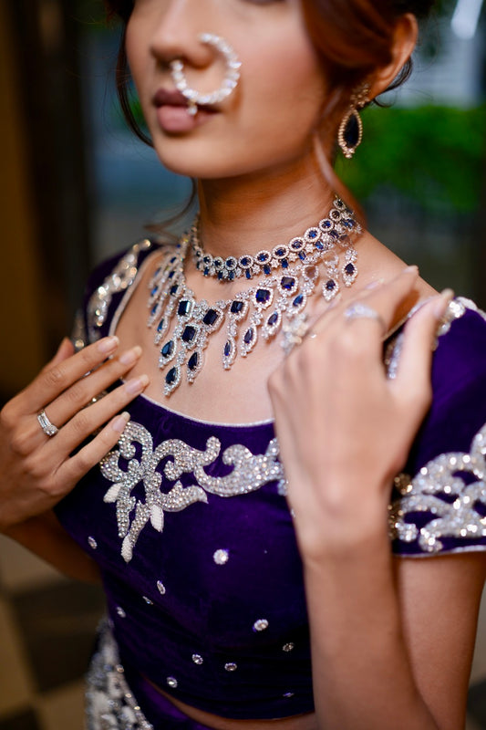 Indo-Western Cubic Zirconia Necklace with Navy Blue Stone White Rhodium Polish Adjustable Thread Perfect for Cocktail Parties