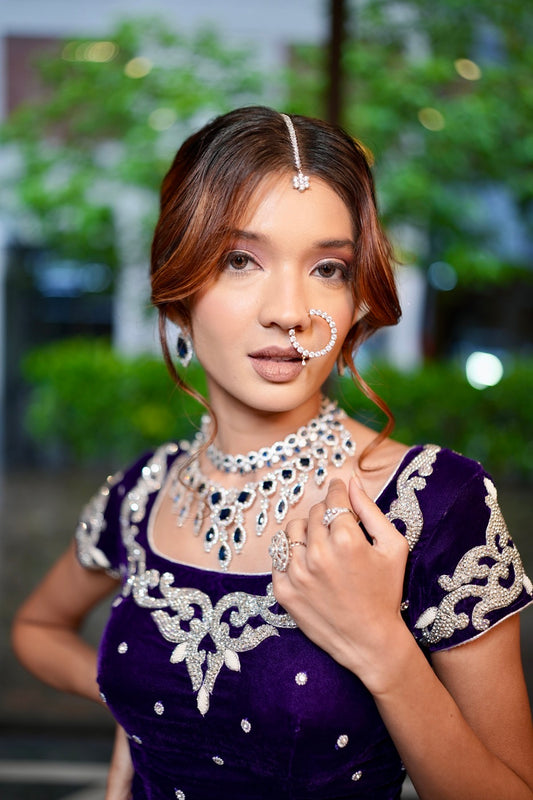 Indo-Western Cubic Zirconia Necklace with Navy Blue Stone  White Rhodium Polish  Adjustable Thread  Perfect for Cocktail Parties