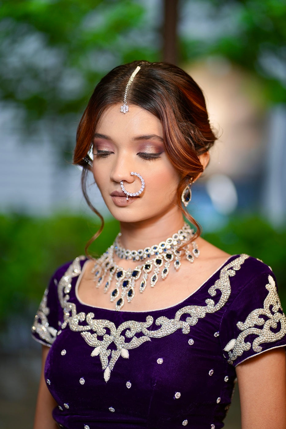 Indo-Western Cubic Zirconia Necklace with Navy Blue Stone  White Rhodium Polish  Adjustable Thread  Perfect for Cocktail Parties