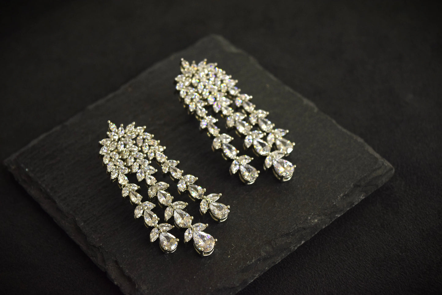 American Diamond Necklace Set with Earrings & Ring  White Rhodium Polish  Adjustable Links