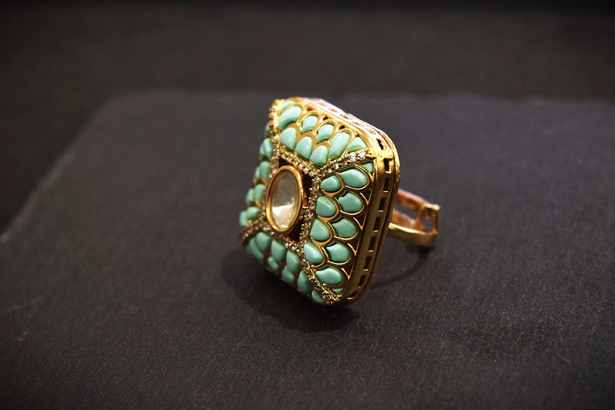 Kundan Ring with Diamond Accents & Sky Blue Stones Gold Polish Adjustable Size