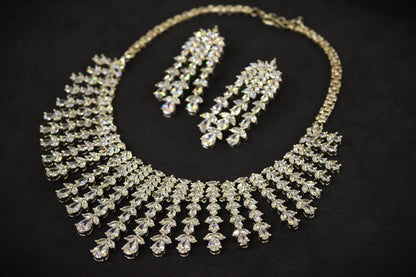 American Diamond Necklace Set with Earrings & Ring  White Rhodium Polish  Adjustable Links