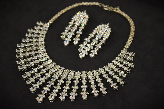 American Diamond Necklace Set with Earrings & Ring  White Rhodium Polish  Adjustable Links