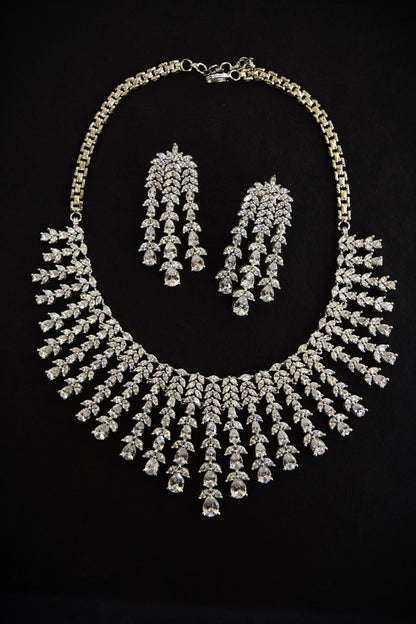 American Diamond Necklace Set with Earrings & Ring  White Rhodium Polish  Adjustable Links