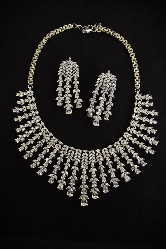 American Diamond Necklace Set with Earrings & Ring  White Rhodium Polish  Adjustable Links