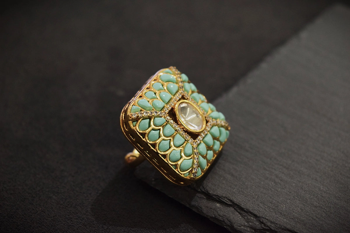 Kundan Ring with Diamond Accents & Sky Blue Stones  Gold Polish  Adjustable Size