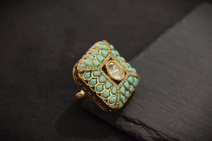 Kundan Ring with Diamond Accents & Sky Blue Stones  Gold Polish  Adjustable Size