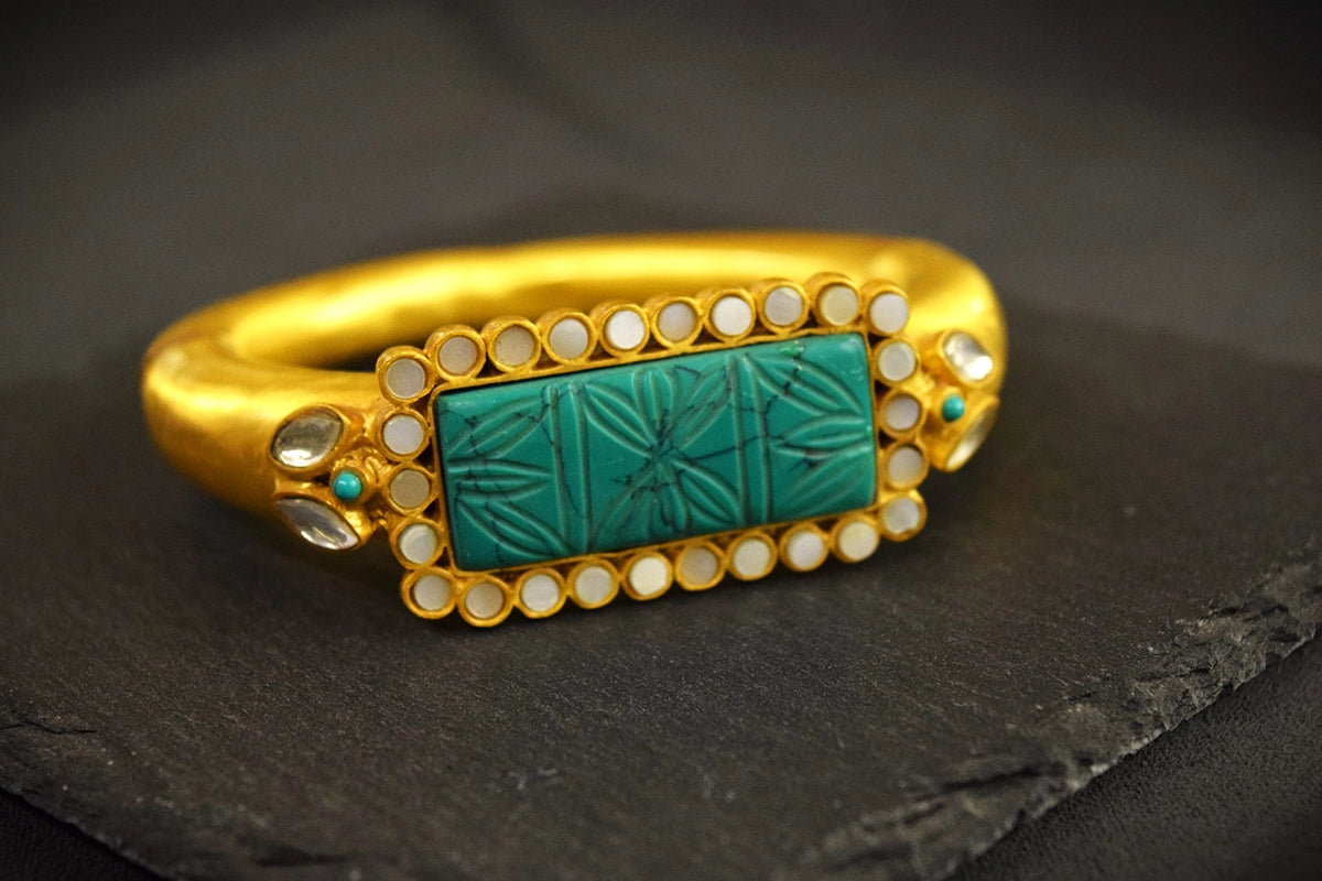 Carved Turquoise Stone Bracelet Matt Gold Polish Contemporary Design Openable Size 2.4