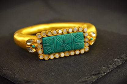 Carved Turquoise Stone Bracelet Matt Gold Polish Contemporary Design Openable Size 2.4