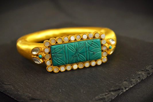 Carved Turquoise Stone Bracelet Matt Gold Polish Contemporary Design Openable Size 2.4