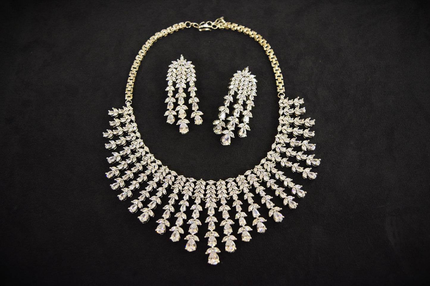 American Diamond Necklace Set with Earrings & Ring  White Rhodium Polish  Adjustable Links