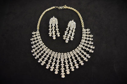 American Diamond Necklace Set with Earrings & Ring  White Rhodium Polish  Adjustable Links