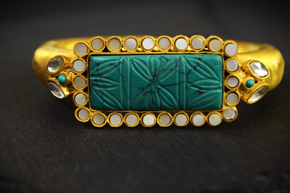 Carved Turquoise Stone Bracelet  Matt Gold Polish  Contemporary Design  Openable  Size 2.4