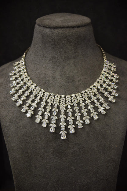 American Diamond Necklace Set with Earrings & Ring  White Rhodium Polish  Adjustable Links