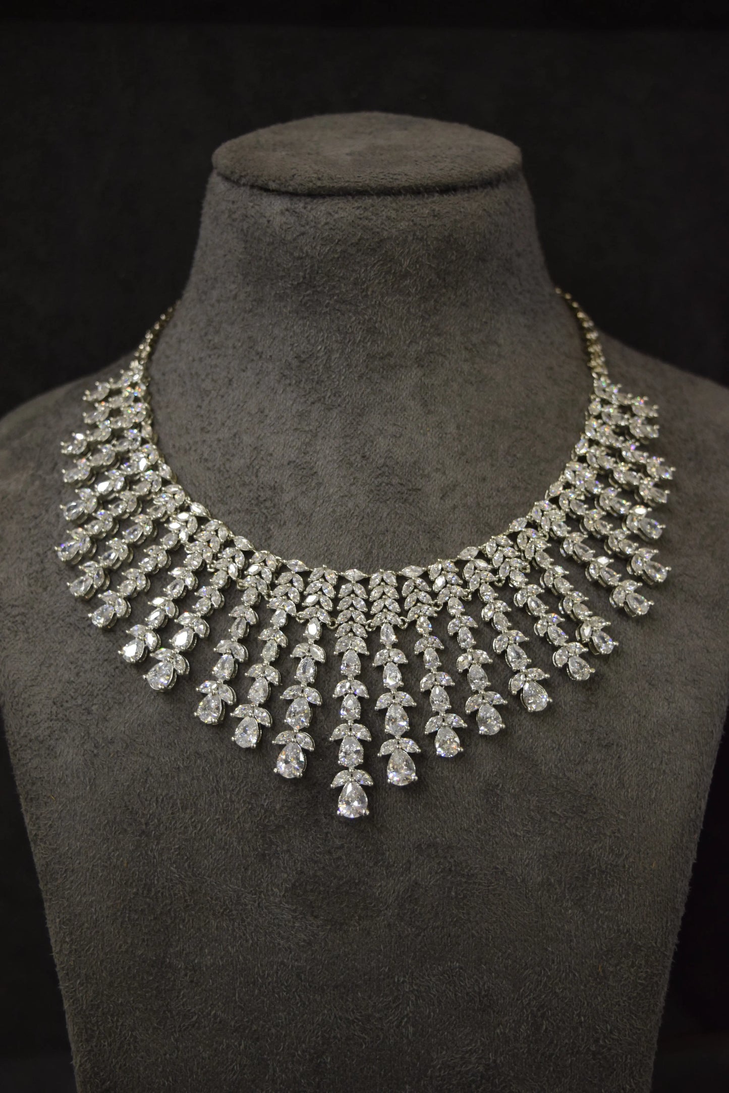 American Diamond Necklace Set with Earrings & Ring  White Rhodium Polish  Adjustable Links
