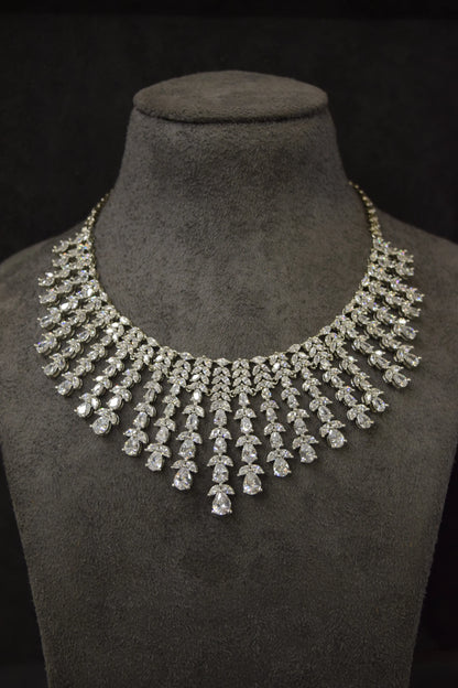 American Diamond Necklace Set with Earrings & Ring  White Rhodium Polish  Adjustable Links