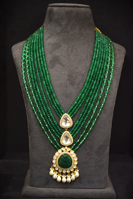 Carved Green Onyx Kundan Necklace Matt Gold Polish Green Semi-Precious Beads 22-Inch Adjustable Loops