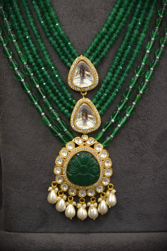 Carved Green Onyx Kundan Necklace  Matt Gold Polish  Green Semi-Precious Beads  22-Inch Adjustable Loops
