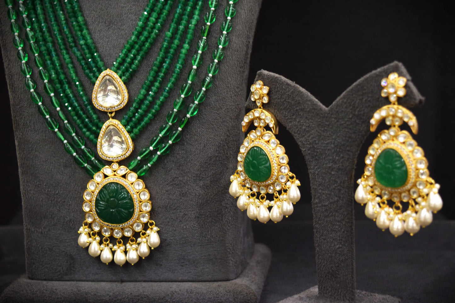 Carved Green Onyx Kundan Necklace  Matt Gold Polish  Green Semi-Precious Beads  22-Inch Adjustable Loops